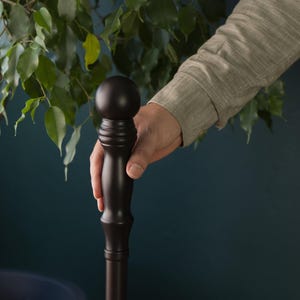 May include: A dark brown wooden post with a decorative, rounded top and carved rings. The post is held by a hand. The background features a green leafy plant and a dark teal wall.