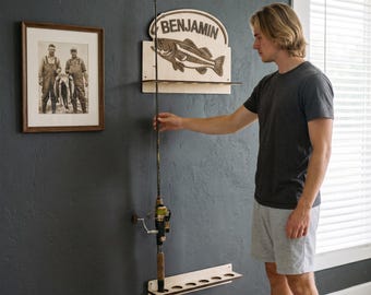 Vertical Fishing Rod Rack for Wall, Custom Name Wooden Fishing Pole Holder, Personalized Gear Organizer for Garage, Father's Day Gift