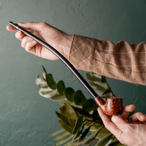 May include: A tobacco pipe with a dark brown stem and a reddish-brown bowl. The bowl has a speckled pattern. The pipe is held against a green background with leafy foliage.