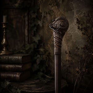 May include: A dark brown walking stick featuring a carved handle shaped like a ram head with prominent spiraled horns. The handle transitions into a twisted, fluted neck that sits atop a smooth, cylindrical shaft, showcasing detailed craftsmanship.