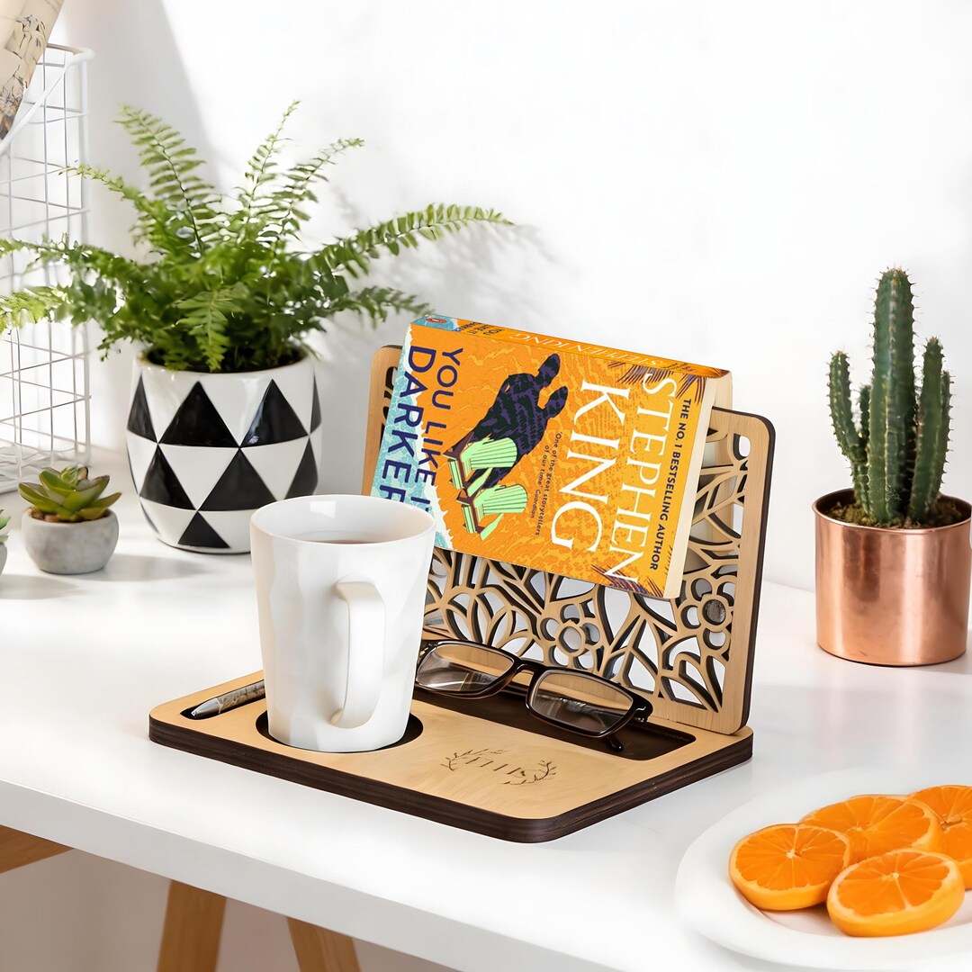 Wooden Book Valet With Cup Holder, Personalized Book Lover Gift ...