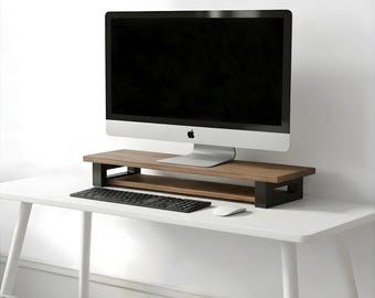 Large Modern Desk Organizer, Solid Oak Monitor Stand Riser with Storage Shelf, Dual Monitor Wooden Shelf, Minimalist Desk Setup