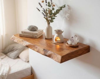 Live Edge Floating Wall Shelf with Hidden Bracket, Storage for Kitchen Bathroom and Entryway, Handmade Natural Solid Wood Decor