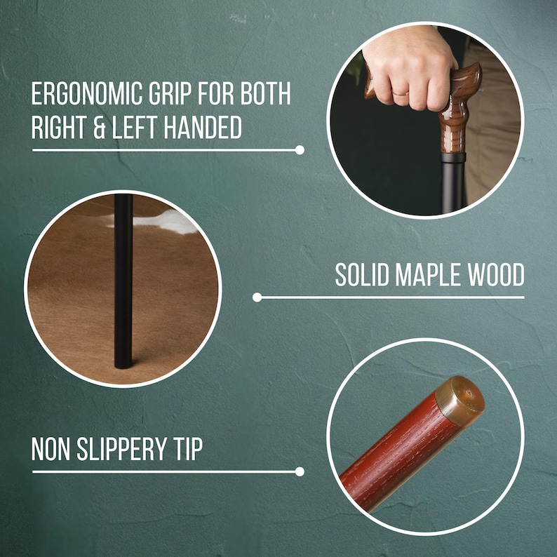 Op de afbeelding: Een houten wandelstok met een bruine handgreep en een zwarte schacht. De handgreep heeft een ergonomische grip voor zowel rechts- als linkshandigen. De punt van de stok is antislip en de stok is gemaakt van massief esdoornhout.