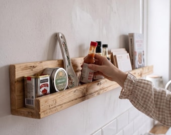 Rustic Wooden Spice Rack, Floating Kitchen Wall Shelf, Wall Mounted Storage Organizer, Natural Wood Home Decor, Modern Shelf