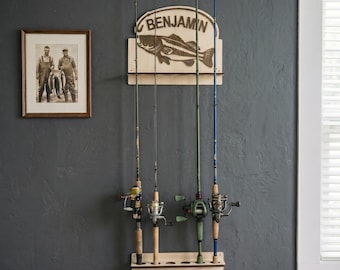 Wooden Fishing Rod Holder, Wall Mounted Fishing Pole Rack, Rod Organizer, Personalized Angler Gift, Garage Cabin Lake House Decor