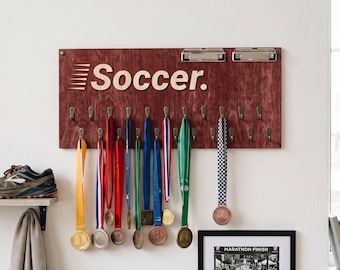 Personalized Soccer Medal Holder, Wooden Medal Display Rack, Sports Award Hanger with Certificate Clips, Soccer Player Gift, Room Decor