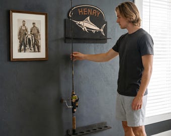 Personalized Fishing Rod Rack, Custom Name Wood Fishing Pole Holder, Man Cave Wall Decor, Fisherman Gift for Father's Day, Bass Fish Sign