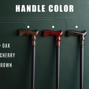 Op de afbeelding: Drie houten wandelstokken met handvatten in verschillende kleuren. De handvatten zijn van eikenhout, kersenhout en bruin. De stokken zijn allemaal zwart.