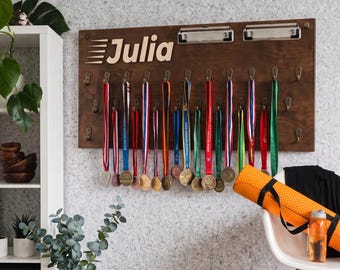 Personalized Medal Hanger with Name, Wooden Race Medal Display and Bib Holder, Running Awards Organizer, Marathon Runner Gift