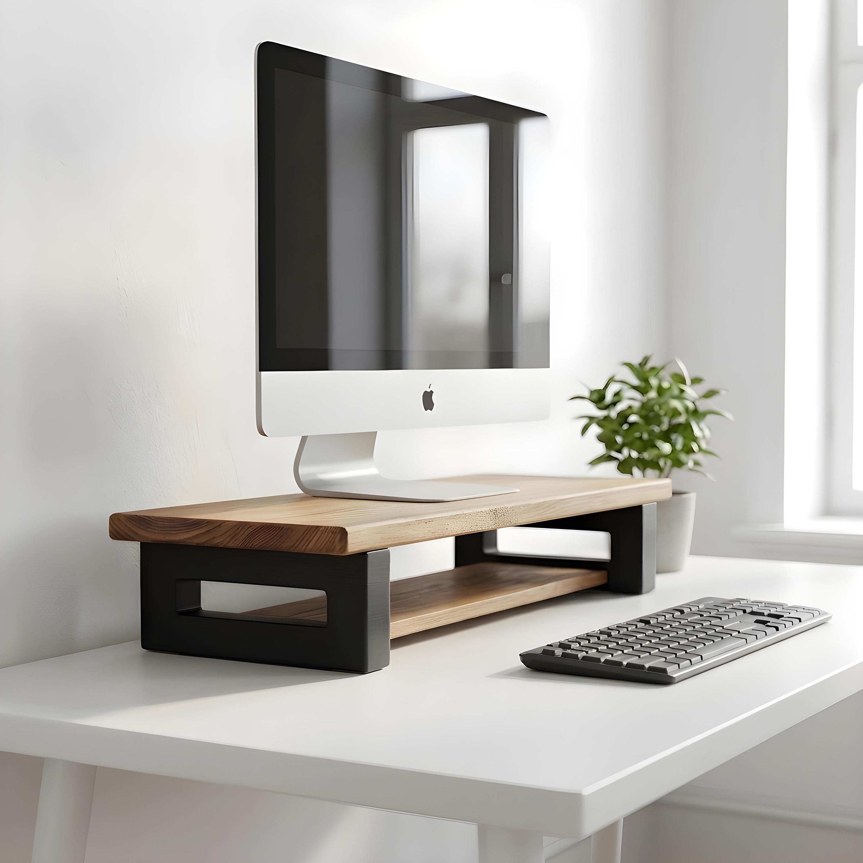 Desk Riser Shelf Setup Large Modern Desk Organizer, Solid Oak Monitor Stand Riser With Storage ...