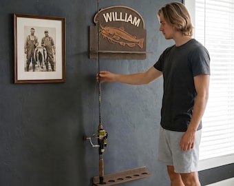 Personalized Fishing Rod Holder, Custom Wooden Fishing Pole Rack for Dad, Catfish Gift, Wall Mount Rod Organizer, Angler Man Cave Decor