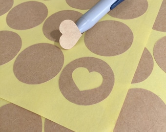 Heart and Circle Cut Out Seal Sticker in Kraft Brown White Sticker Paper for Packaging, Sealing Envelope, Scrapbooking, Gifting 48pc