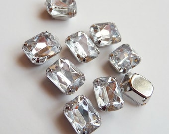 20 pcs of  10mm X 14mm Faceted Rectangle Sew On Crystal Clear Rhinestone W/Metal Prong..Nickel Free..Rhodium Plated Over Brass