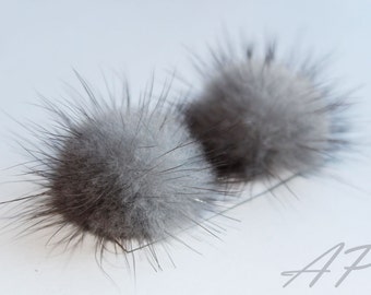 2 pc Genuine Mink Fur Ball Charm in Grey Color for Scrapbooking, Jewelry, Accessory and Clothing