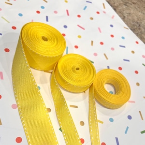 5 Yards of 10mm, 15mm, 25mm White Stitch in Yellow Grosgrain Ribbon for Jewelry, Accessories, Clothing