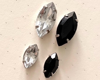Navette Sew On Rhinestones - Black or Clear Boat Shaped Acrylic Crystals - Small or Medium - Rhodium Plated Brass Prongs - Lead Nickel Free