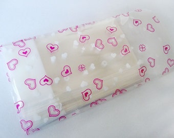 100pcs Hearts Printed Crystal Clear Resealable Cello Poly Bag Envelope 2 3/4 X 4 and1 5/8(flap)(70mmX100mm and 40mm)