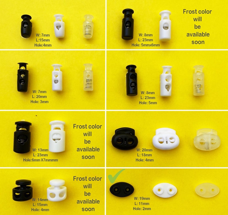 May include: Assortment of black and white plastic cord locks with different sizes and hole dimensions. The text "Frost color will be available soon" is displayed on the image.