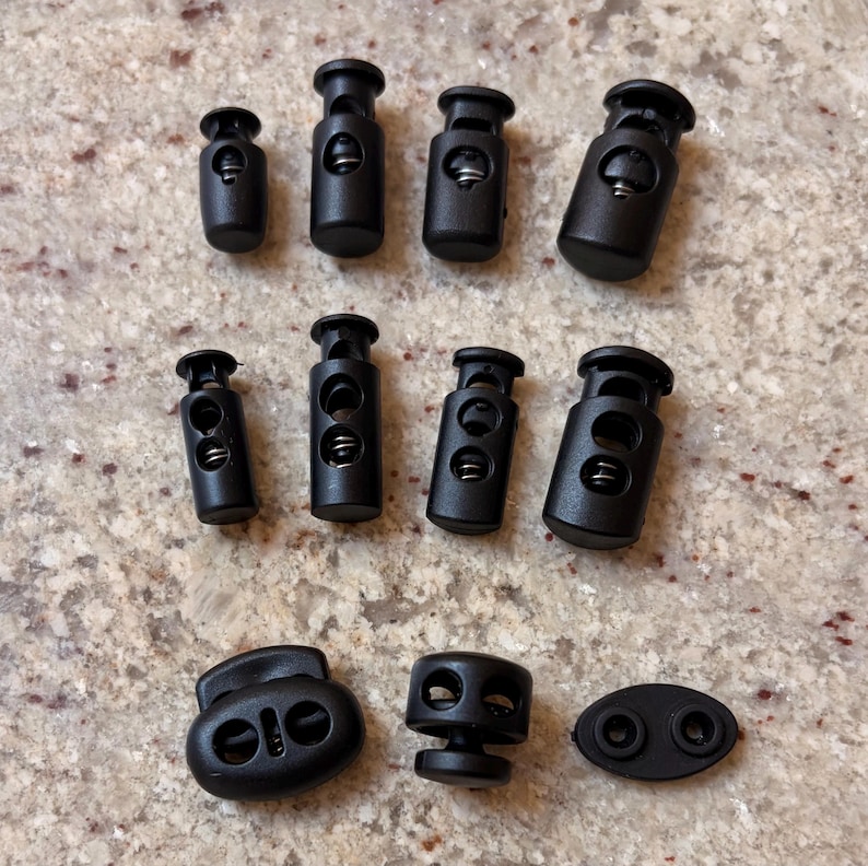 Plastic Cord Locks 11 Styles - Single & Double Hole Spring Toggles, Cylinder Barrel Oval Cube Fasteners for Drawstrings, Face Masks, Hoodies image 2