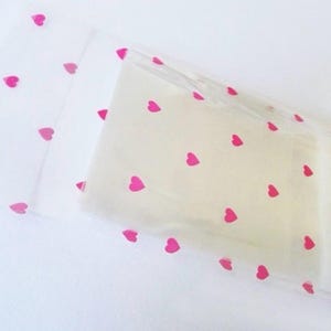 Heart Printed Cello Bags - Resealable Clear Poly Envelopes for Valentine's Day, Cookies, Jewelry, and Wedding Favors - Self Sealing S, M, L