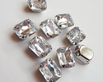 10 pcs of  8mm X 10mmFaceted Rectangle Sew On Clear Rhinestones W/Metal Prong NO NICKEL, LEAD  Rhodium Plated Over Brass