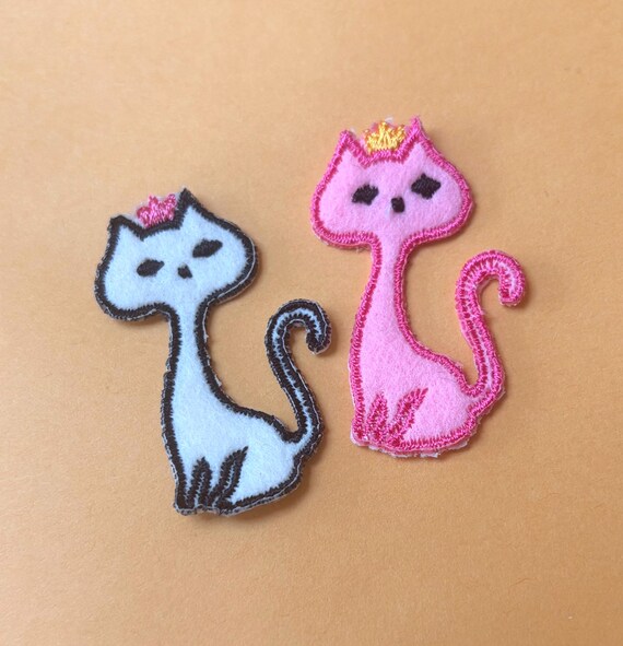 Embroidered Cat Patches with Crowns - Cute Kitten No Iron On Applique for Kid Clothing - Pink and White Sitting Cat Patch for Denim Jackets