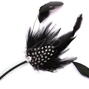 May include: A black feather hair accessory with a central cluster of feathers featuring white polka dots. A small, clear jewel is set in the center, and the accessory has a thin, black stem.