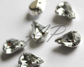 New Size..20pcs 6mmX10mm Faceted Teardrop Sew On Clear Rhinestones W/Metal Prong NO NICKEL Rhodium Plated Over Brass