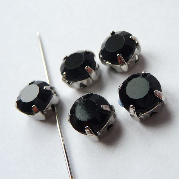 20 pcs of  8mm Faceted Round Sew On Black Rhinestone W/Metal Prong..Nickel Free..Rhodium Plated Over Brass