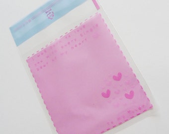 100pc Printed Pink Hearts Crystal Clear Resealable Cello Poly Bag Envelope 5 1/8 X 5 1/8 and 1 1/2(flap))(130mm X 130mm plus 45mm(Flap)