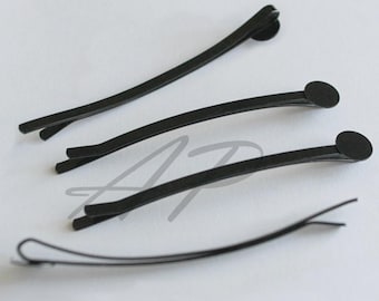 63mm Ergonomic Bobby Pin Blanks - 8mm Flat Glue-On Pad - Antique Brass & Black Metal Hair Pin Findings for Resin, Cabochons - DIY Crafts