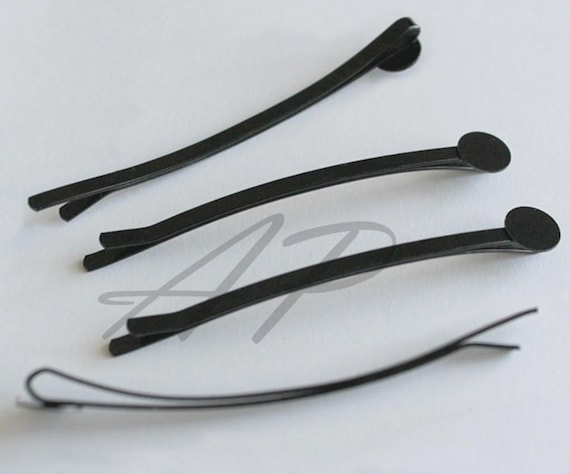 63mm Ergonomic Bobby Pin Blanks - 8mm Flat Glue-On Pad - Antique Brass & Black Metal Hair Pin Findings for Resin, Cabochons - DIY Crafts