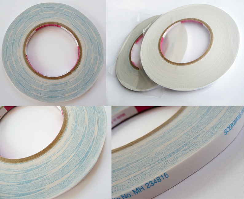 May include: A roll of double-sided adhesive tape featuring a white backing with a light blue marbled pattern. The inner cardboard core is brown, and the side of the tape is printed with the text SOOKWANG and the product code File No: MH 234816.