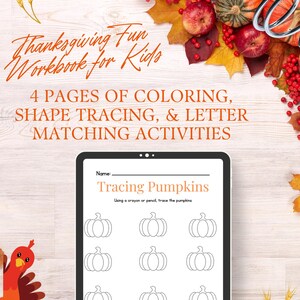 Puede incluir: Una hoja de trabajo imprimible de temática de Acción de Gracias para niños con una actividad de trazado de calabazas. La hoja de trabajo tiene el título "Tracing Pumpkins" e instrucciones para trazar las calabazas usando un crayón o un lápiz.