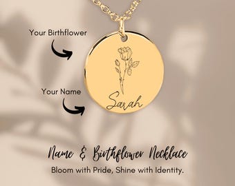 Name & Birth Flower Necklace Personalized Floral Pendant Custom Name Birth Month Flower Jewelry Unique Gift for Her Birthday Gift Idea Mom