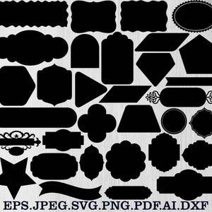 May include: A selection of black silhouette shapes, including rectangles, ovals, and decorative labels. The image features a star, banner, and other geometric forms. Text at the bottom indicates file formats: EPS, JPEG, SVG, PNG, PDF, AI, and DXF.