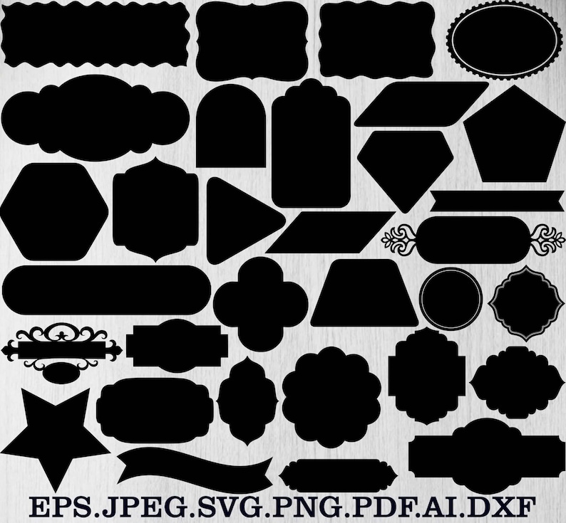 May include: A collection of black silhouette shapes in various designs, including rectangles, ovals, and decorative labels. The image features a star, banner, and other geometric forms. Text at the bottom indicates file formats: EPS, JPEG, SVG, PNG, PDF, AI, and DXF.