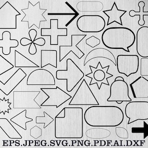Peut inclure: Diverses formes vectorielles noires, comprenant des flèches, des étoiles, des bulles de dialogue et des formes géométriques, sur un fond clair en bois. L'image inclut également les formats de fichiers : EPS, JPEG, SVG, PNG, PDF, AI et DXF.