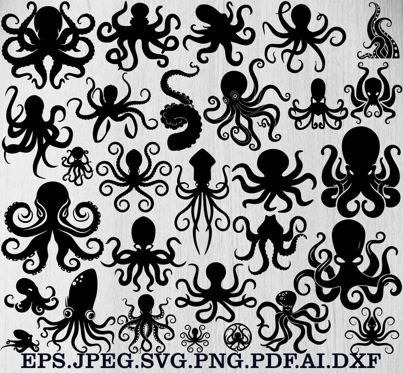 Puede incluir: Una colecci&oacute;n de siluetas negras de pulpos en varias poses y tama&ntilde;os. La imagen incluye una silueta de calamar y el texto "EPS.JPEG.SVG.PNG.PDF.AI.DXF" en la parte inferior, indicando formatos de archivo.
