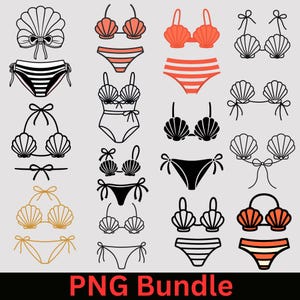 May include: A digital collection of twenty-one graphic illustrations featuring seashell-themed bikini tops, one-piece swimsuits, and bikini bottoms in black, white, coral, and gold outlines. The set includes various styles of swimwear with ties.