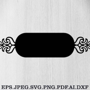 May include: Black decorative design element with a rectangular center and ornate scrollwork on each end. The design is set against a white wood grain background. Text at the bottom reads: EPS.JPEG.SVG.PNG.PDF.AI.DXF.