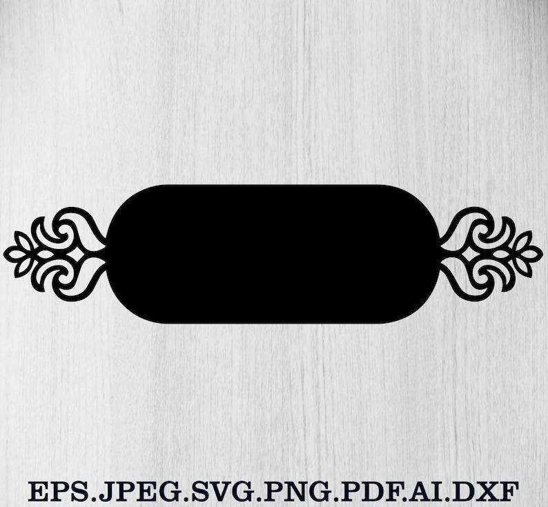 May include: Black decorative design element with a rectangular center and ornate scrollwork on each end. The design is set against a white wood grain background. Text at the bottom reads: EPS.JPEG.SVG.PNG.PDF.AI.DXF.