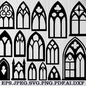 Puede incluir: Una colección de diseños de ventanas góticas negras en varias formas y tamaños. Las ventanas presentan arcos apuntados, tracería intrincada y elementos decorativos. La imagen incluye el texto "EPS.JPEG.SVG.PNG.PDF.AI.DXF" en la parte inferior.