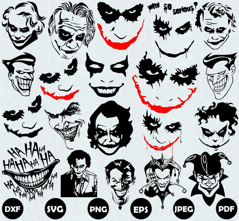 May include: A collection of black and white Joker-themed graphic designs. The images include various facial expressions, smiles, and portraits of the character. Some designs feature red accents, and file type labels are at the bottom.