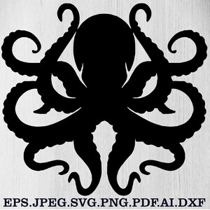 Puede incluir: Silueta negra de un pulpo con ocho tent&aacute;culos. Imagen vectorial adecuada para diversas aplicaciones. El texto en la parte inferior indica los formatos de archivo: EPS, JPEG, SVG, PNG, PDF, AI y DXF.
