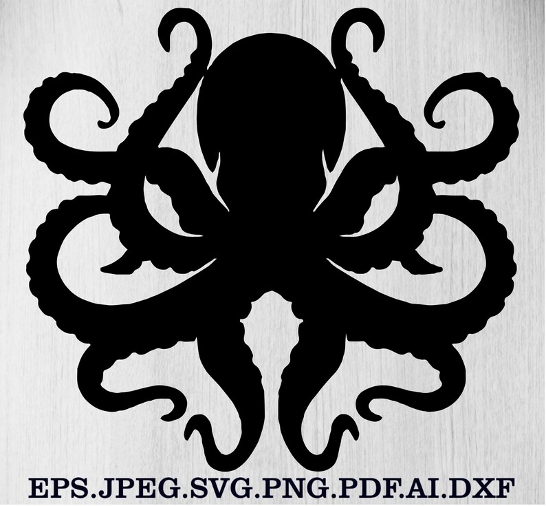 Puede incluir: Silueta negra de un pulpo con ocho tent&aacute;culos. Imagen vectorial adecuada para diversas aplicaciones. El texto en la parte inferior indica los formatos de archivo: EPS, JPEG, SVG, PNG, PDF, AI y DXF.