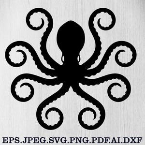 Puede incluir: Silueta negra de un pulpo con ocho tent&aacute;culos rizados. El dise&ntilde;o est&aacute; centrado sobre un fondo claro. La imagen incluye el texto "EPS.JPEG.SVG.PNG.PDF.AI.DXF" en la parte inferior.