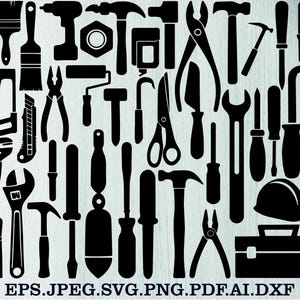 Könnte beinhalten: Eine Sammlung schwarzer Silhouette-Werkzeuge, darunter Hämmer, Schraubendreher, Schraubenschlüssel, Zangen und eine Werkzeugkiste. Das Bild zeigt auch eine Farbrolle, einen Pinsel und einen Bohrer. Die Werkzeuge sind auf hellem Hintergrund angeordnet.
