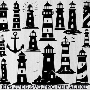 Peut inclure: Plusieurs silhouettes noires de phares de différents modèles, dont des tours rayées et pleines, avec une ancre et des oiseaux en vol. L'image comprend le texte "EPS.JPEG.SVG.PNG.PDF.AI.DXF".